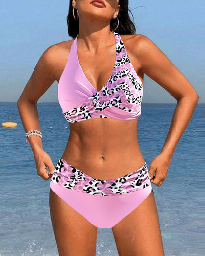 Bikini dos nu imprimé patchwork léopard